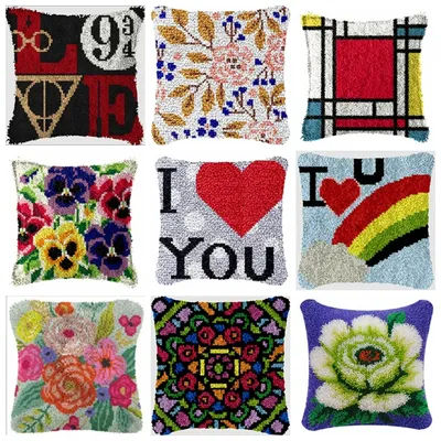 Simple Love Classic Style Latch Hook Set Embroidery Latch Hook Kit Rainbow Pattern Latch Hook Pillow Button Pad Package Handmade
