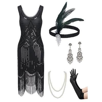 Anni Ruggenti Anni 1920 Lunghezza al ginocchio Abito Flapper Abiti Abito da cocktail Senza maniche Il grande Gatsby Ragazza Flapper Invitato al matrimonio Paillettes Piuma Frange Scollo Tondo Costume