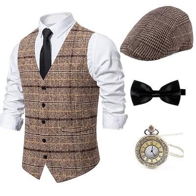 Anni Ruggenti Anni 1920 Retrò Vintage Abiti Gilet Set di accessori Gentiluomo Gangster Plaid A scacchi Costume Per uomo Costume di Carnevale 4 pezzi Halloween Carnevale Capodanno Mascherata Cocktail