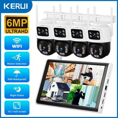 KERUI 8CH Wireless 10.1inch LCD Monitor NVR Kit 6MP WIFI IP Dual Lens Home Security Camera System Surveillance Video Recorder
