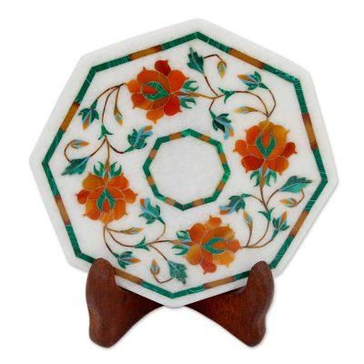 Bright Carousel,'Marble Inlay Decorative Plate in Red and Orange from India'