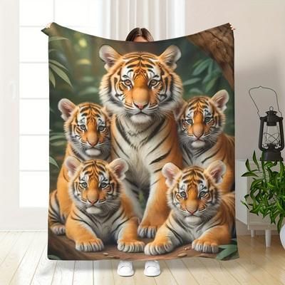 TEMU Tiger Print Flannel Fleece Blanket, Contemporary Style, Machine Washable, Mixed Colors, Anti-allergenic, Polyester Cover, Knitted Fabric, 200-250g Square Kilogram