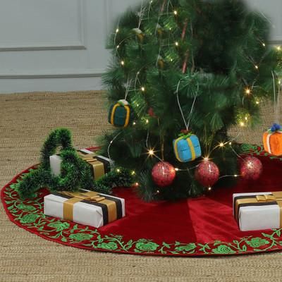 Merry Rose,'Faux Velvet Christmas Tree Skirt with Green Rose Embroidery'