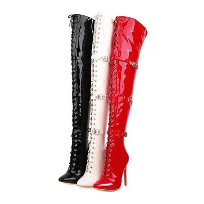 Cuissardes hautes à nouer en croix pour femmes, chaussures Sexy à bout pointu, talons hauts fins au-dessus du genou, en cuir verni, 33-46