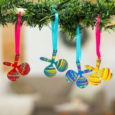 'Colorful Set of 4 Hand-Painted Maracas Themed Wood Ornaments'