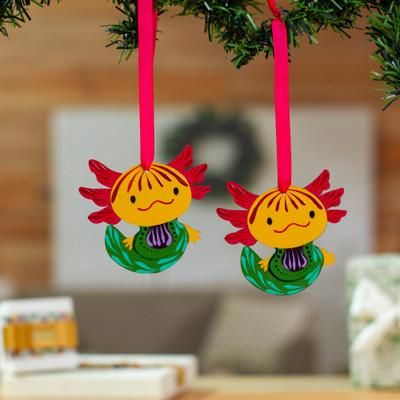'Artisan-Made Axolotl-Shaped Hand-Painted Wood Ornament Pair'