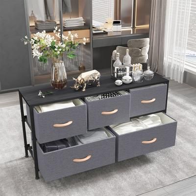 TEMU Fabric Chest Of Drawers With 5 Large Storage Drawers, Wooden Top & Metal Frame Dresser, Ideal Organizer For Bedroom Or Living Room Dark Grey