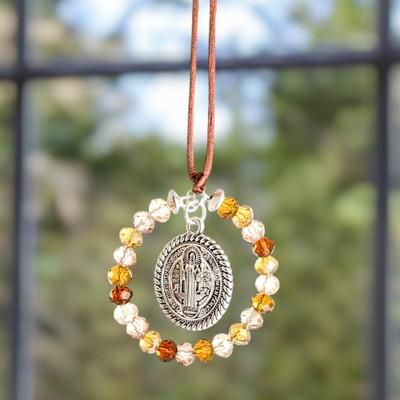 Saint Benedict in Earth,'Crystal and Pewter Saint Benedict Suncatcher in Earthy Hues'