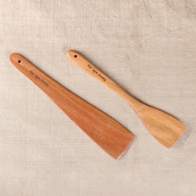 'Indian-Made Hand-Carved Set of 2 Polished Neem Wood Spatulas'