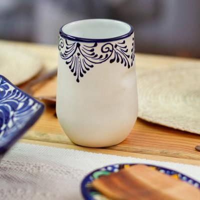 Blue Current,'Hacienda Talavera Style Blue and Ivory Ceramic Tumbler Glass'