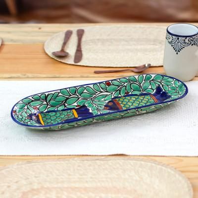 'Talavera-Inspired Ceramic Fish-Themed Platter from Mexico'