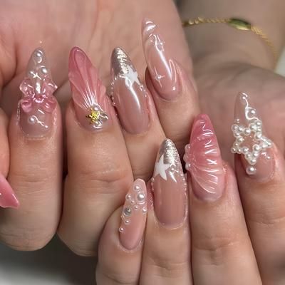 TEMU 24-pack Pink French 3d Acrylic Press-on Nails, Long Almond Shape With Star & Rhinestone Designs, Glossy Finish, Includes Jelly Glue & Nail File, For Women And Girls
