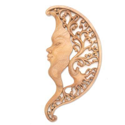 Moon Over Garden,'Hand Made Suar Wood Moon-Motif Relief Panel'