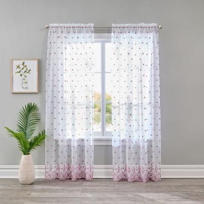Wide Width Embroidered Voile Panel by BrylaneHome in Pink Floral Eyelet (Size 52" W 95" L)