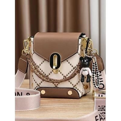 mini borsa a tracolla alla moda da donna con motivo a quadri e ciondolo a forma di orso, tracolla a catena e design colorblock: perfetta per le uscite informali e l'uso quotidiano giallo terra nero