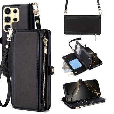 TEMU For S24/s24 Plus/s24 Ultra/s24 Fe Crossbody Credit Card Holder Rfid Shielding Zipper Phone Bag, Leather Flip Book Case Men And Women Ring Mobile Phone Case