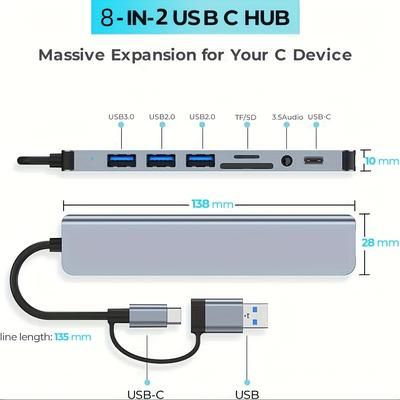TEMU Thlan 8-port Usb 3.0 & Type-c , With Audio Mic, /tf Card Reader, For Laptops, Pro, Pro - Uncharged , Electronic Components Included