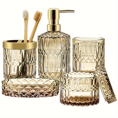TEMU 5pcs Luxury Glass Bathroom Set With Soap Dish, Toothbrush Holder, And Hand Soap Dispenser