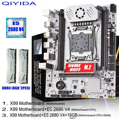 QIYIDA X99 Motherboard set LGA 2011-3 Xeon E5 2680 V4 CPU DDR4 8GBx2PCS=16GB NVME NGFF M.2 SATA3.0 USB3.0 X99 C612chip