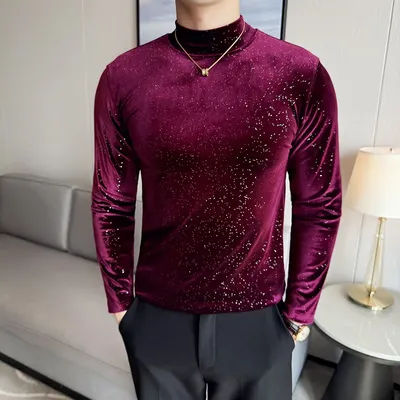 T-shirt tricoté à col mi-haut pour hommes, T-shirt à manches longues de haute qualité pour hommes, coupe cintrée décontractée, couleur unie