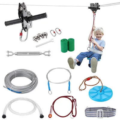 VEVOR 60/80/100/120 FT Zipline Kit Up to 500 lbs Backyard Outdoor Playground Entertainment Stainless Steel Safety Harness Seat