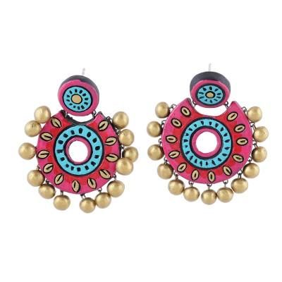 Bollywood Crescents,'Pink and Blue Ceramic Dangle Earrings from India'