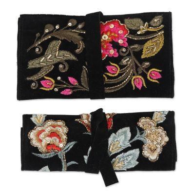 Enchanted Garden,'Artisan Made Floral Embroidered Jewelry Rolls (Pair)'