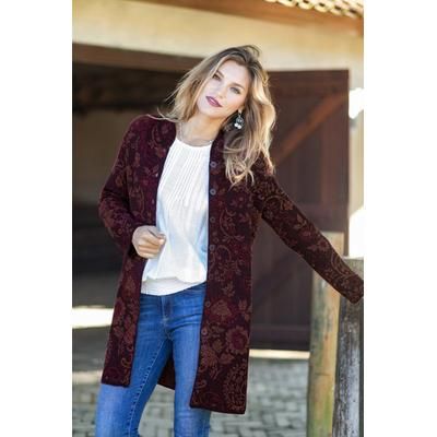 Dream Garden in Burgundy,'Burgundy 100% Baby Alpaca Long Cardigan with Mandarin Collar'