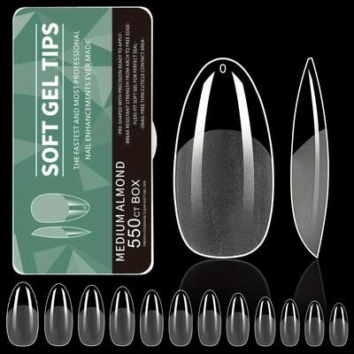 TEMU 550pcs/box Soft Gel Nail Tips - Medium Almond Full Cover Press-on Nail Extensions For Nail Salons And Diy Nail Art - Transparent, Finish, Medium Length, Almond Shape