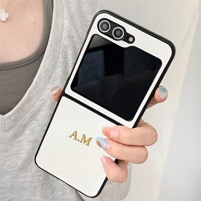 TEMU Personalized Customized Golden Name Faux Leather Hard Phone Case With Macaron Color Color Protection For Z Flip 6 5 4