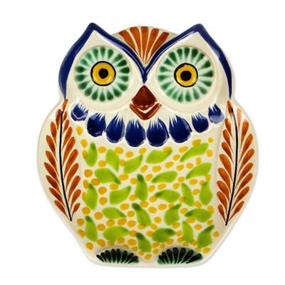Majolica ceramic dish, 'Curious Green Owl'