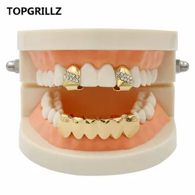 TOPGRILLZ Hip Hop Grillz Yellow Gold Color Plated 2 Single Top Teeth Grillz Caps With CZ Stone Tooth Grills & Classic Bottom