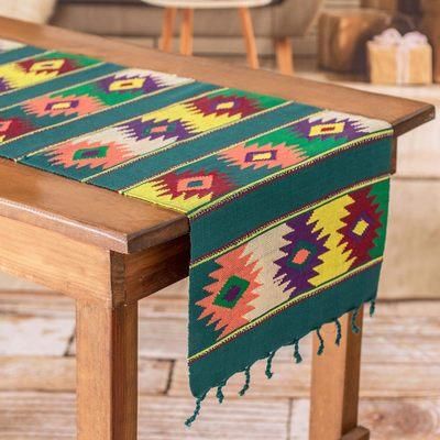 Colorful Stars,'Handwoven Green Cotton Table Runner with Guatemalan Motifs'
