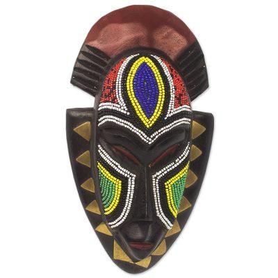 Jama,'Handmade Wood Wall Mask with Glass Bead and Brass Accent'