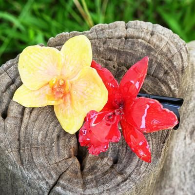 'Autumn-Inspired Yellow and Red Orchid Flower Resin Hair Clip'