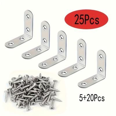 TEMU 25/50pcs L Bracket Stainless Steel Angle Bracket Set, Including 20 Screws, Suitable For Wooden Shelves, Chairs, Furniture