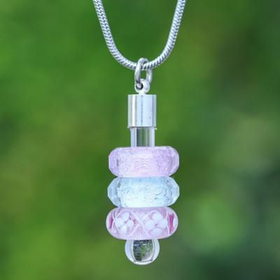 Dulcet Amulets,'Pink and Blue Handblown Glass Beaded Floral Pendant Necklace'