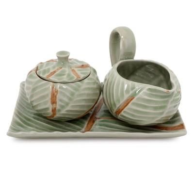 'Banana Leaf' (4 pieces) - Celadon Ceramic Sugar Bowl and Cr