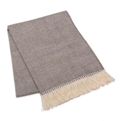 'Square-Patterned Woven Grey and Ivory 100% Baby Alpaca Throw'