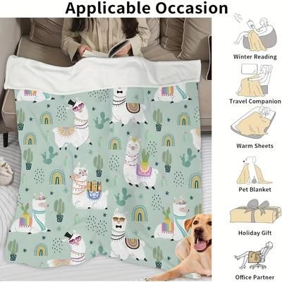 TEMU Cozy Cartoon Alpaca & Cactus Print Blanket - Soft, Plush, Throw For Bed, Sofa, Office - Ideal Gift For Women And Men, Blanket | Design | Polyester Fabric, Alpaca Decor