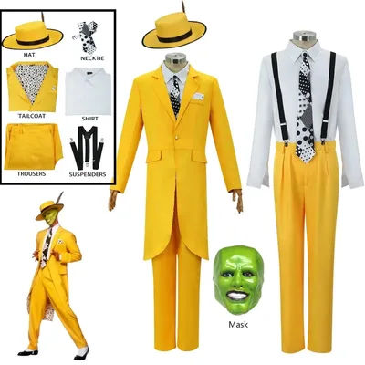 The Movie The Mask Cosplay Costume, Jim Carry, uniforme jaune, carnaval, fête, chapeau trempé, masque vert, vêtements d'Halloween