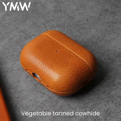 YMW Genuine Leather Case For AirPods Pro2 Bluetooth Earphone Accessories Lychee Pattern Natural Cowhide