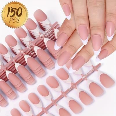 TEMU 150pcs Nude Pink Almond Shaped Press-on Nails, Medium Length, Geometric & Gradient Pattern, Matte , Soft Gel Nail Tips Set With Pre-application Primer, Easy Manicure Fake Nail Kit