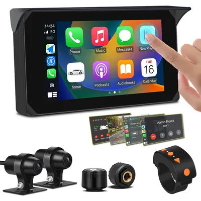 VSYS Carplay Android Auto Motorcycle Dash Cam 5.0'' Touchscreen with Dual 1080P Waterproof Cameras TPMS Parking Mode WiFi App