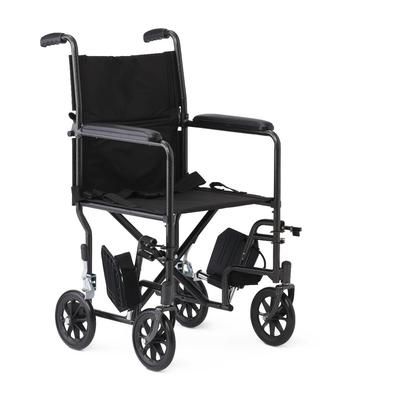 Medline Basic Steel Transport Chair with Permanent Full-Length Arms and Swing-Away Footrests, 250 lb. Capacity, 17" Wide, Black, 1 EA (MDS808200BN)