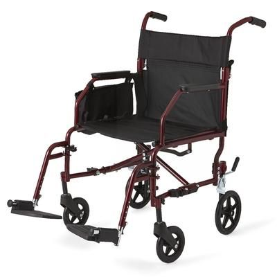 Medline Basic Steel Transport Chair, Red Frame/Black Upholstery, 1 EA (MDS808200KD)