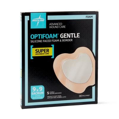 Medline Optifoam Gentle Silicone-Faced Foam Dressing in Educational Packaging, Sacrum, 9" x 9" (22.9 x 22.9 cm), 25/CS (MSC2199EP)