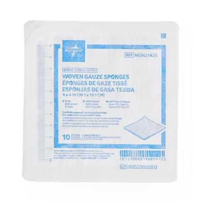 Medline Woven Sterile Gauze Sponges, 4" x 4", 8-Ply, 10/Hard Tray, 1280/CS (NON21425)