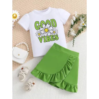 2 pièces filles printemps/été mode mignon vêtements de sport en plein air blanc tricot col rond imprimé marguerite T-shirt + jupe plissée verte