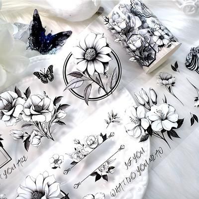 TEMU Waterproof Black And White Floral Pet Tape, 78.74-inch Roll - Ideal For Scrapbooking, Diaries, And Crafts, Scrapbooking Supplies